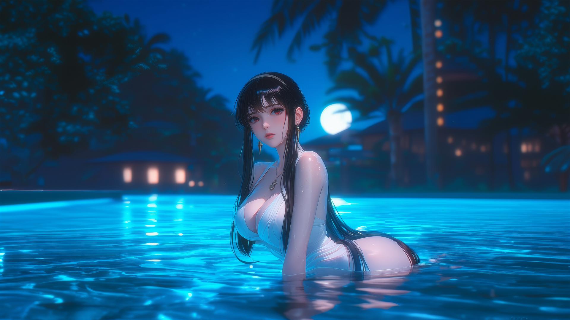 Yor Forger resting by a moonlit swimming pool
