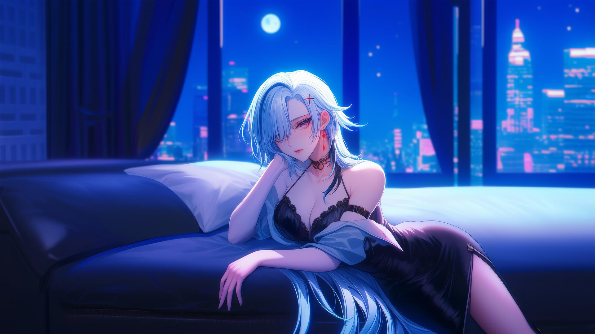 Arlecchino from Genshin Impact with snow white hair, black streaks, resting in a moonlit hotel room