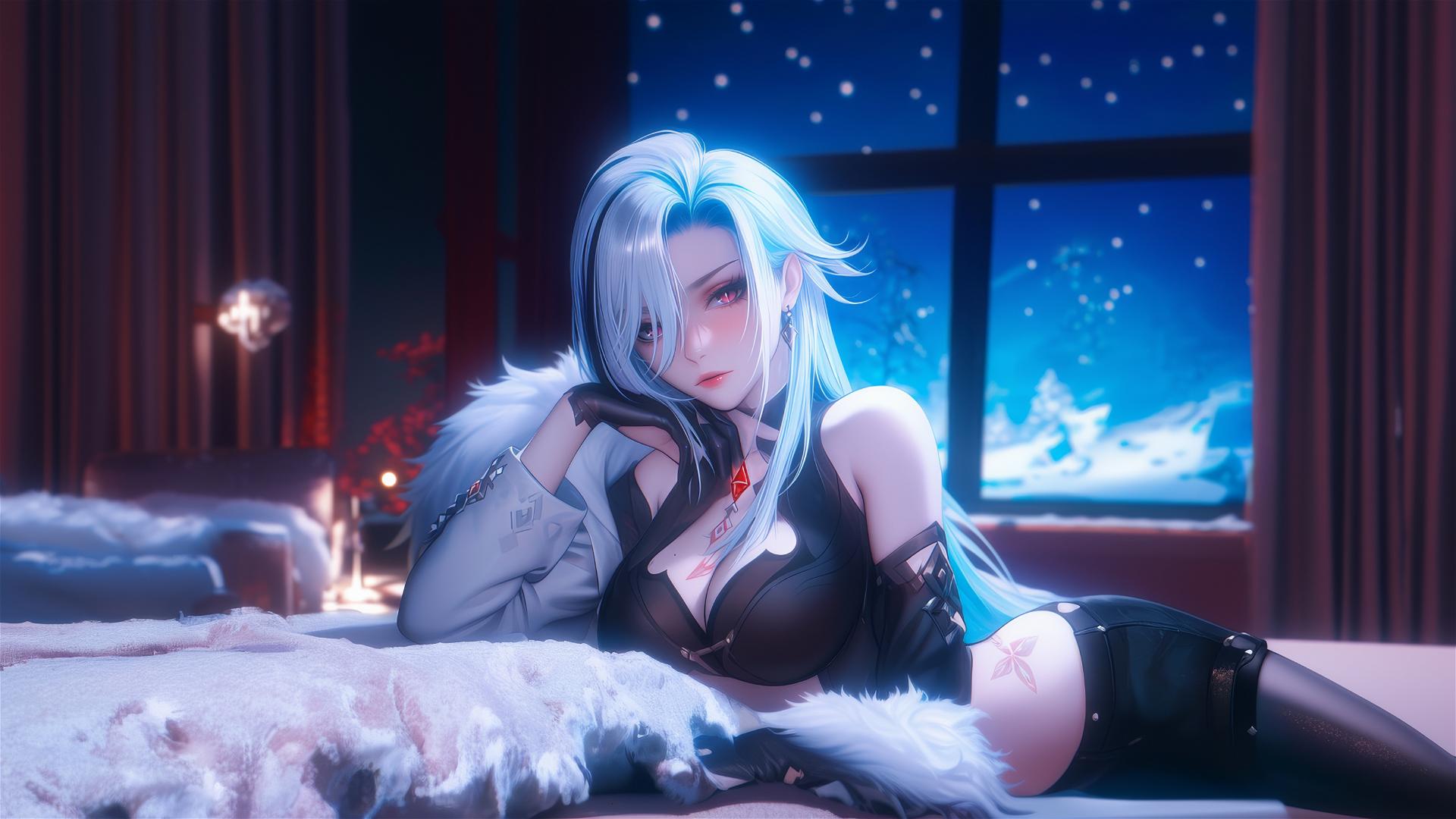 Arlecchino from Genshin Impact with snow white hair and black streaks, resting in a moonlit modern hotel room