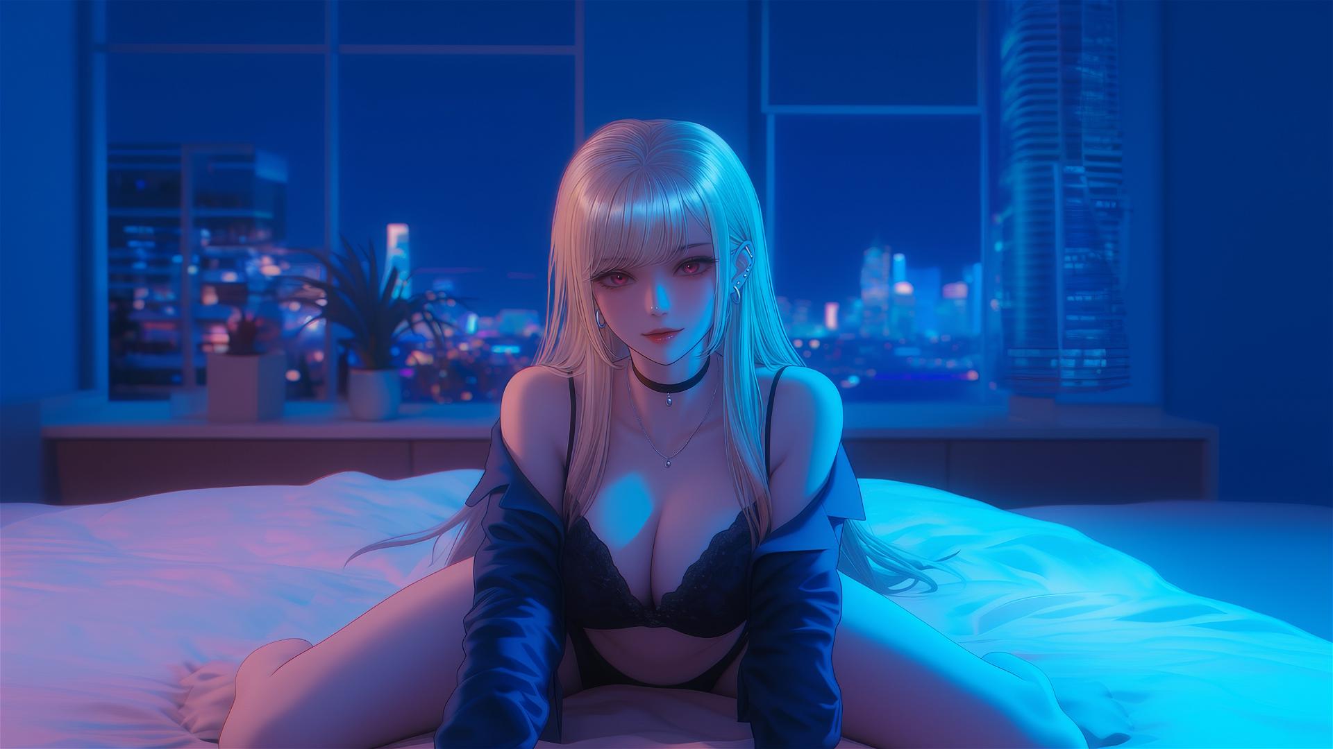Marin Kitagawa sitting on a hotel bed under moonlight
