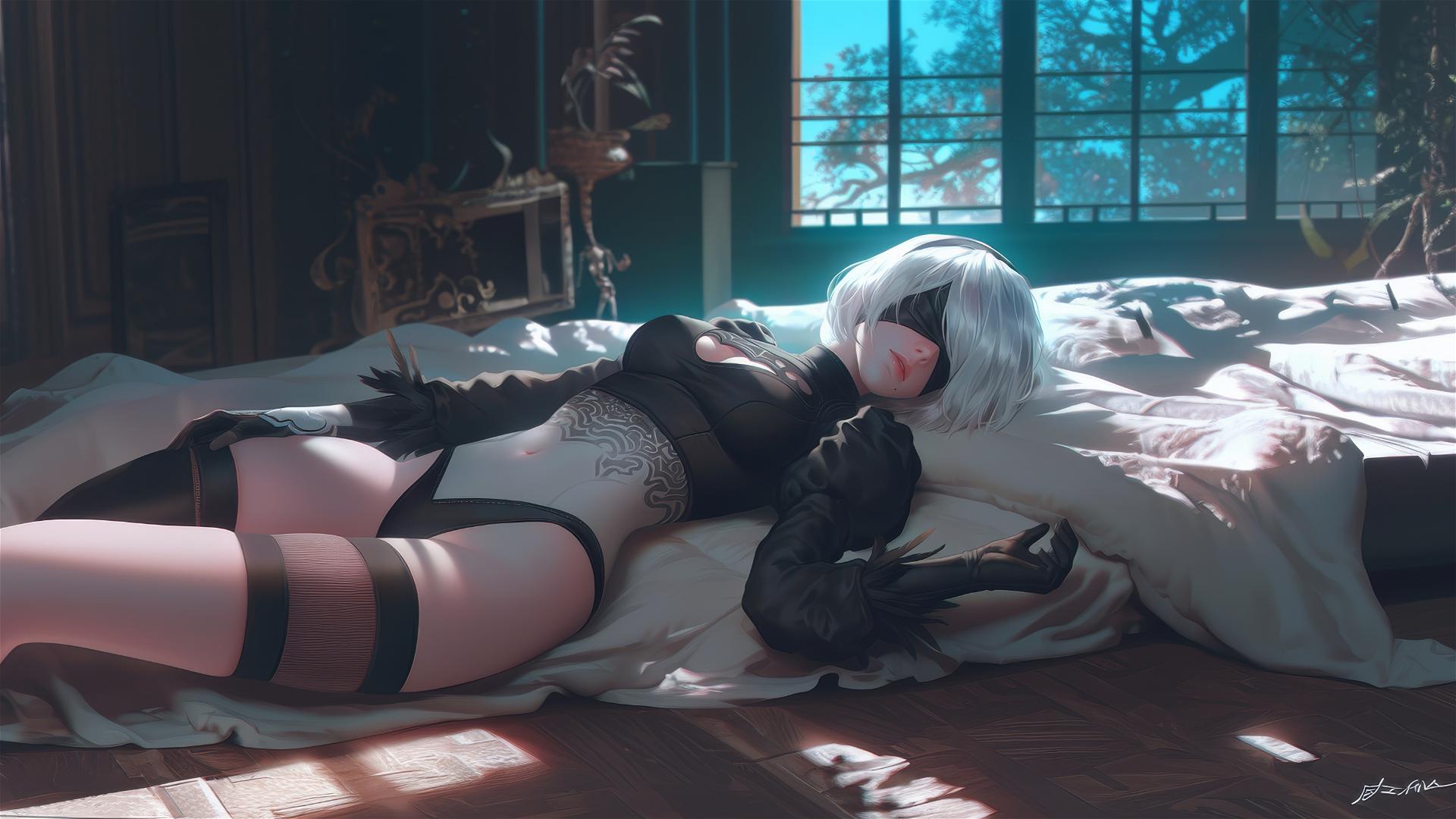 2B from Nier relaxing in a modern hotel room with moonlight glow