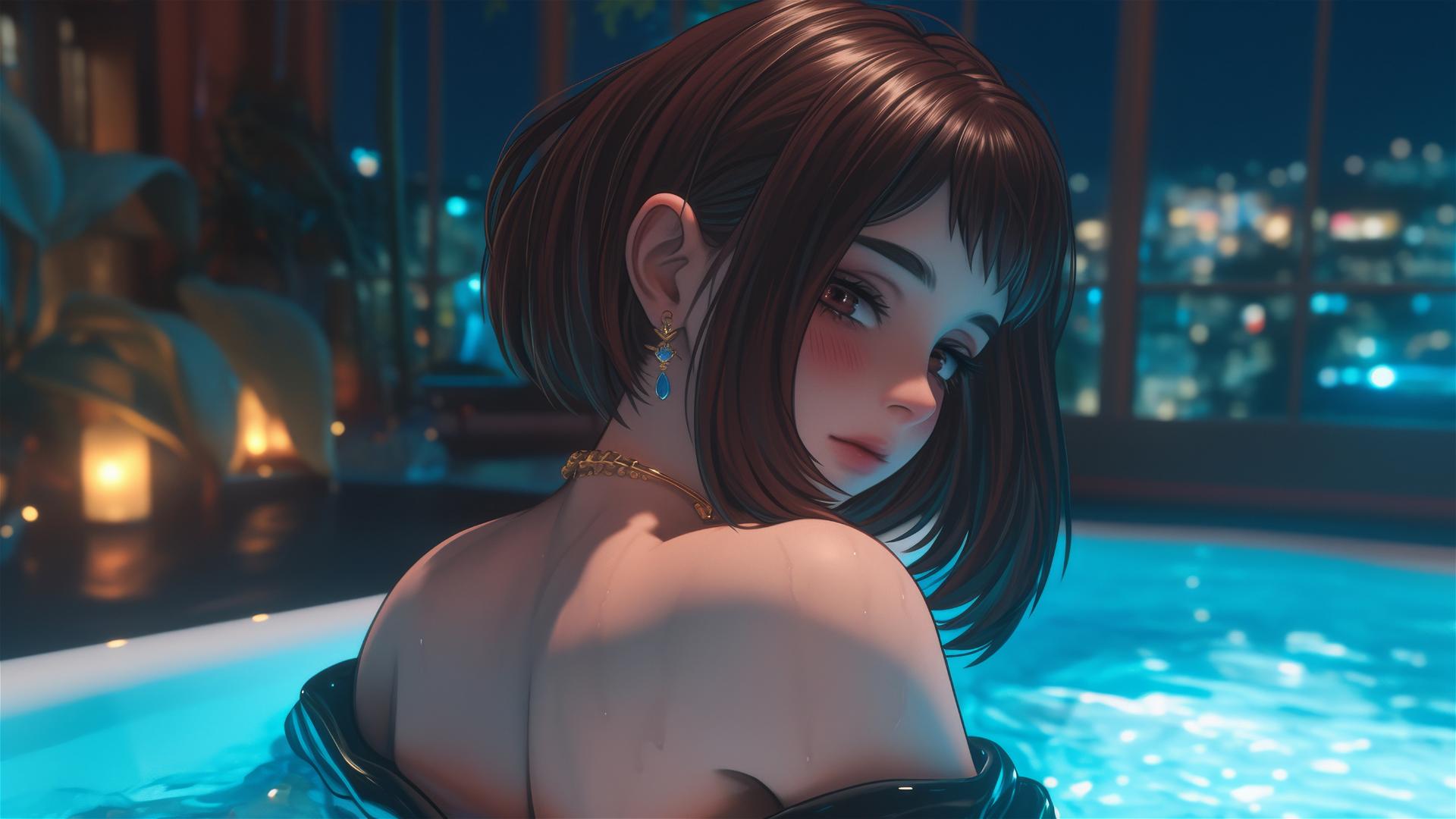Ochaco Uraraka from My Hero Academia relaxing in a tub with warm light highlighting her auburn hair and eyes.