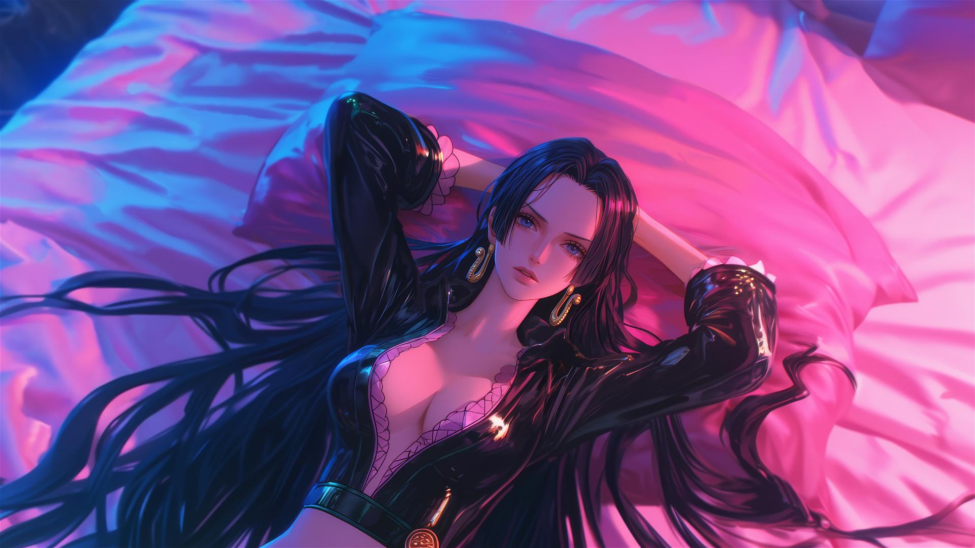 Boa Hancock from One Piece in bed with black and pink leather, neon colors, pink background, high contrast.