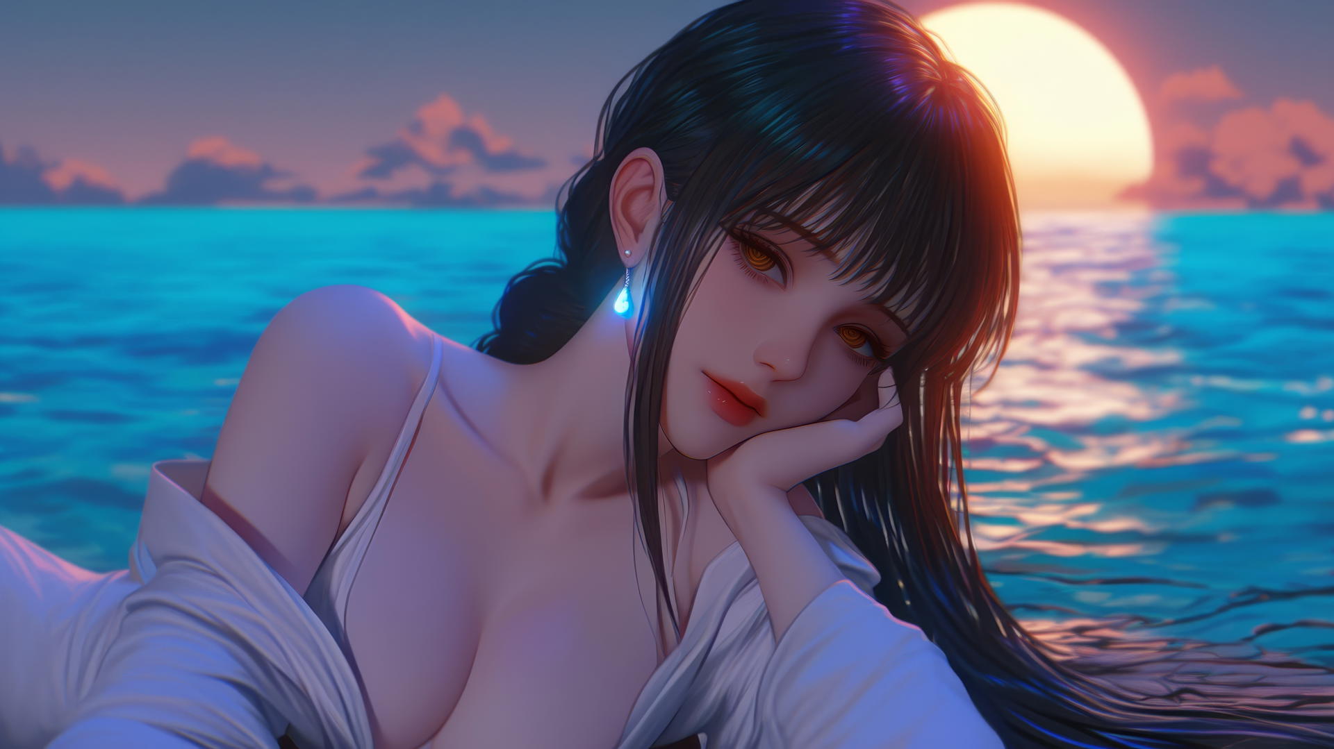 Makima from Chainsaw Man resting at sea during a romantic neon pink sunset