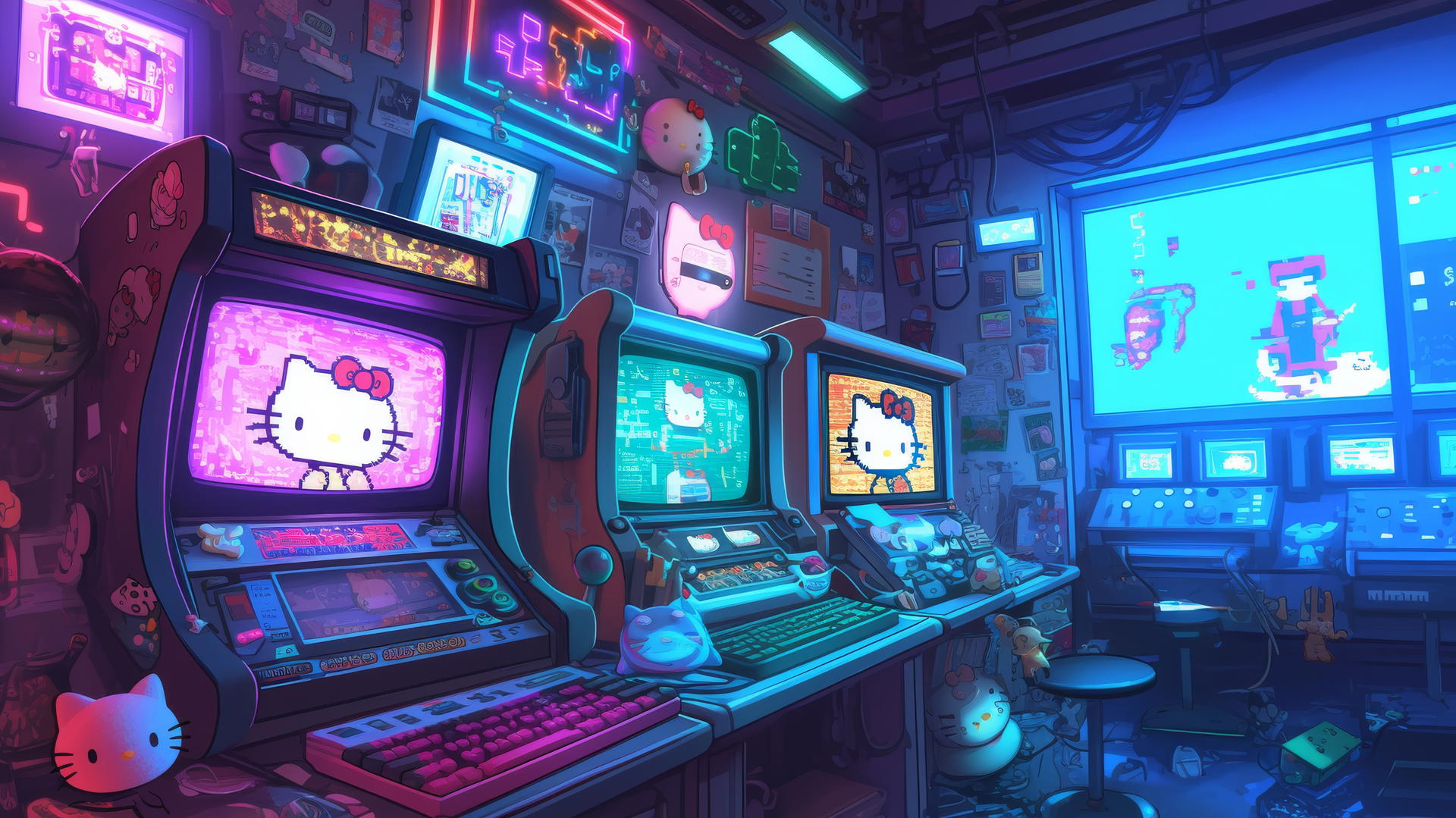 Y2K Hello Kitty wallpaper aesthetic with pixelated graphics and neon lights