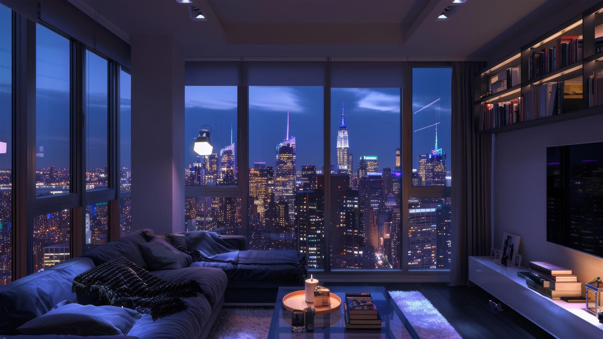 Cozy living room, dim lights, city view through window