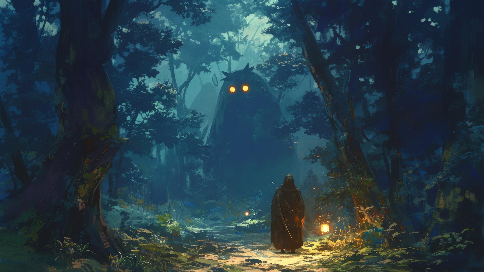 Foggy forest path with Ghibli-style spirits in shadows.