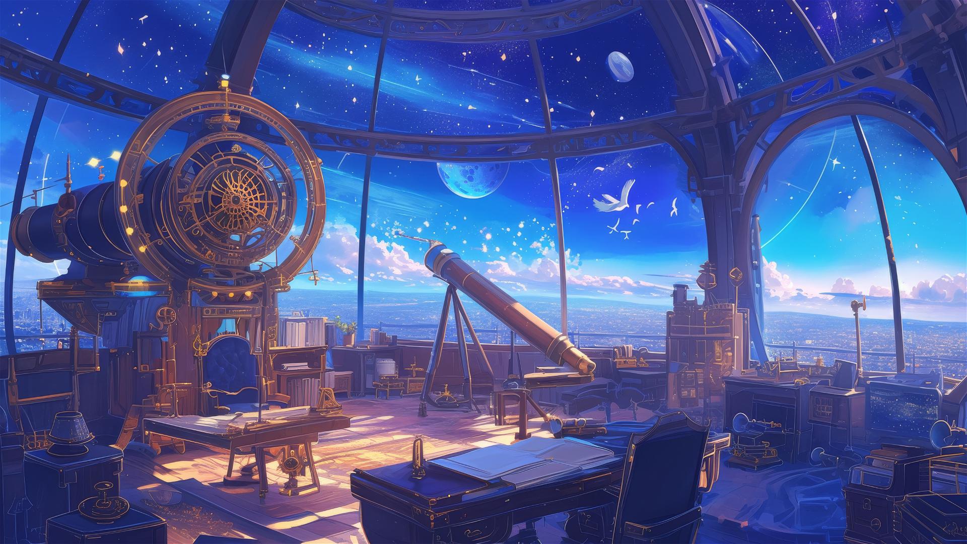 Fantastical observatory with telescopes viewing stars and dimensions, Studio Ghibli style.