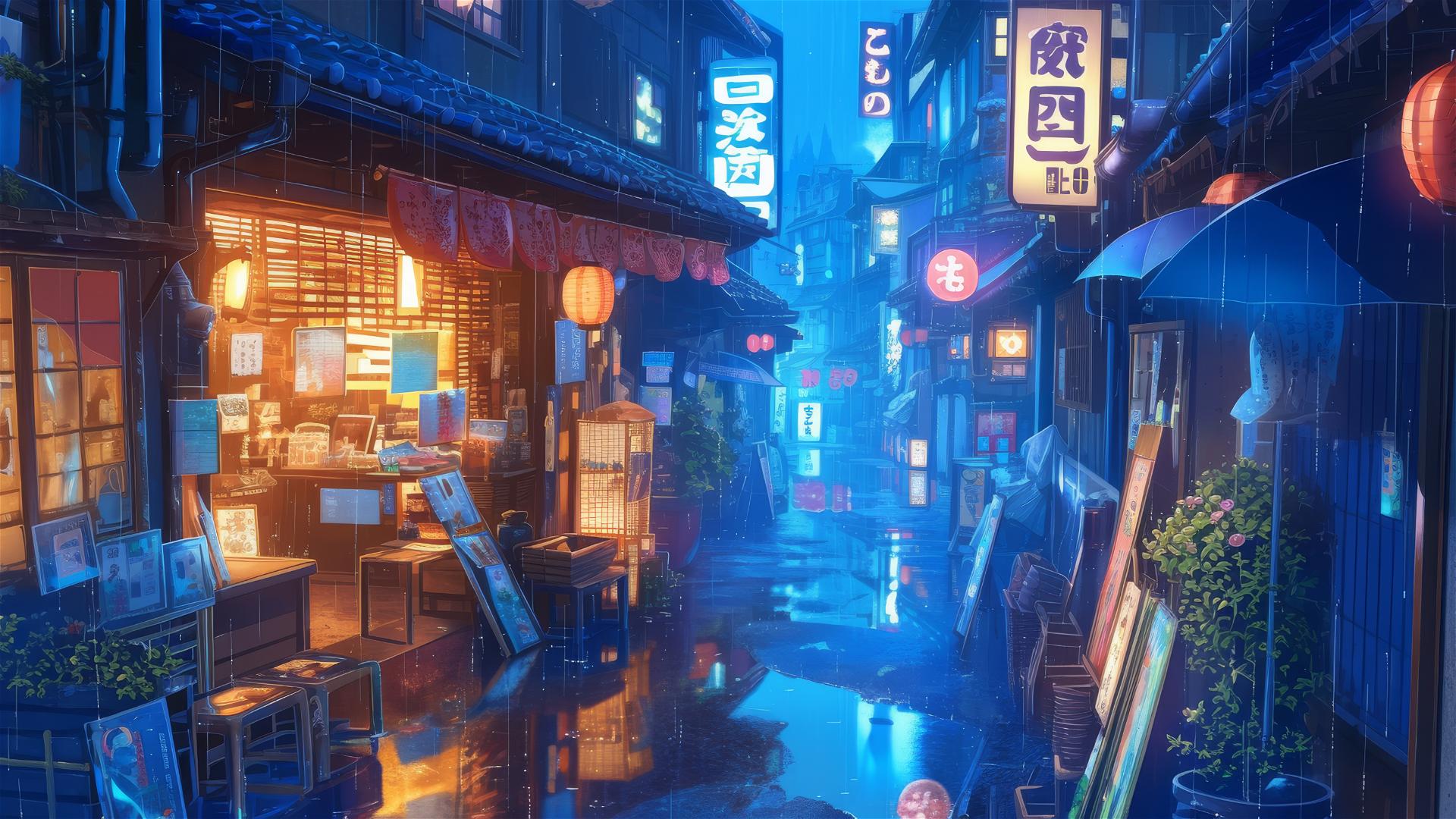 Anime-style Ghibli alley with neon reflections on a rainy evening.