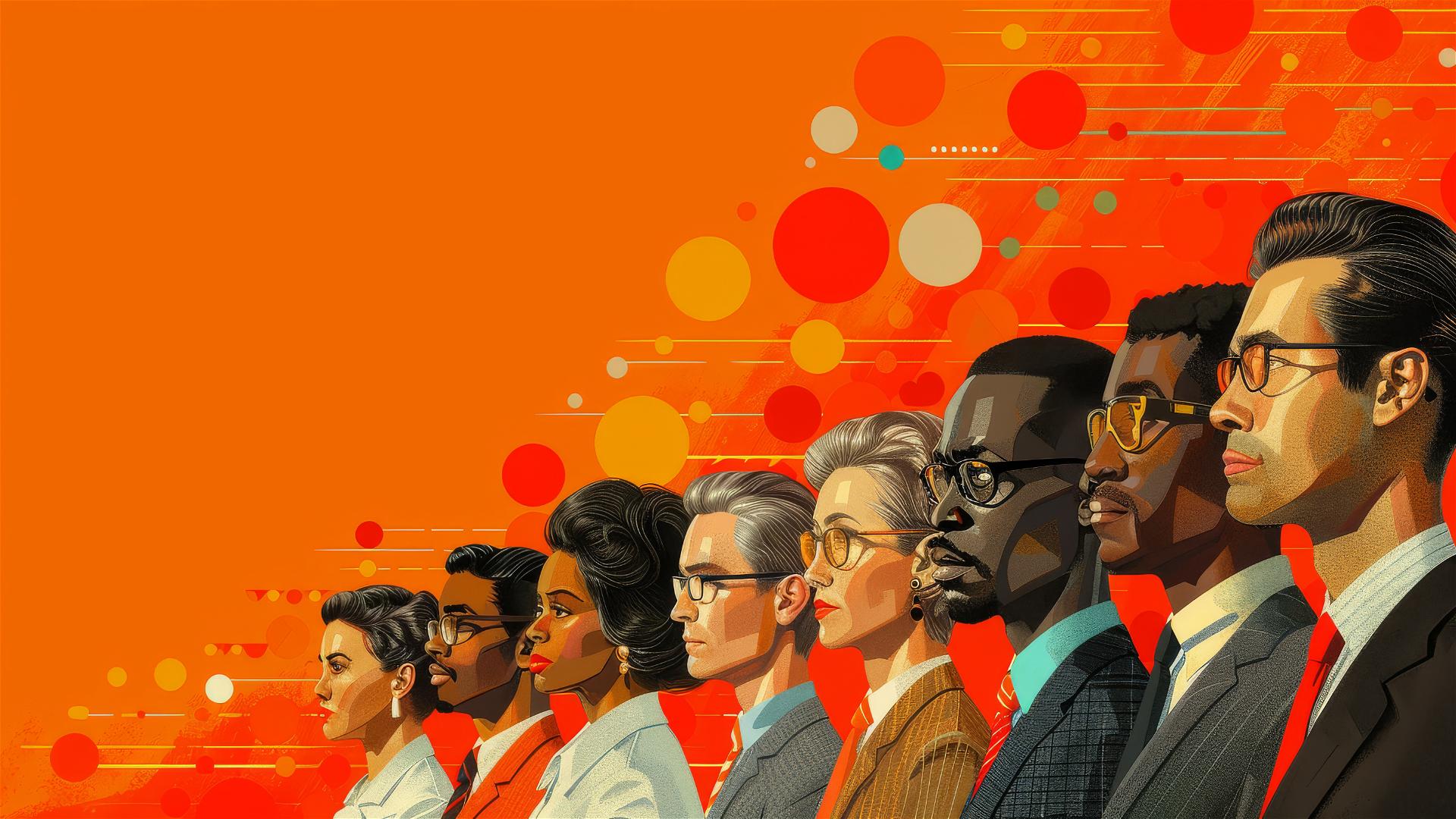 Diverse business group in 1950s travel poster style illustration