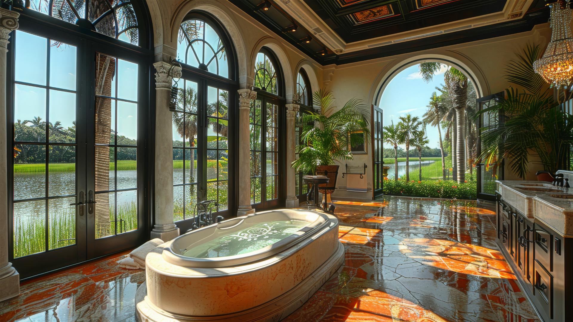 White mansion bathroom, black classical windows, palm trees.