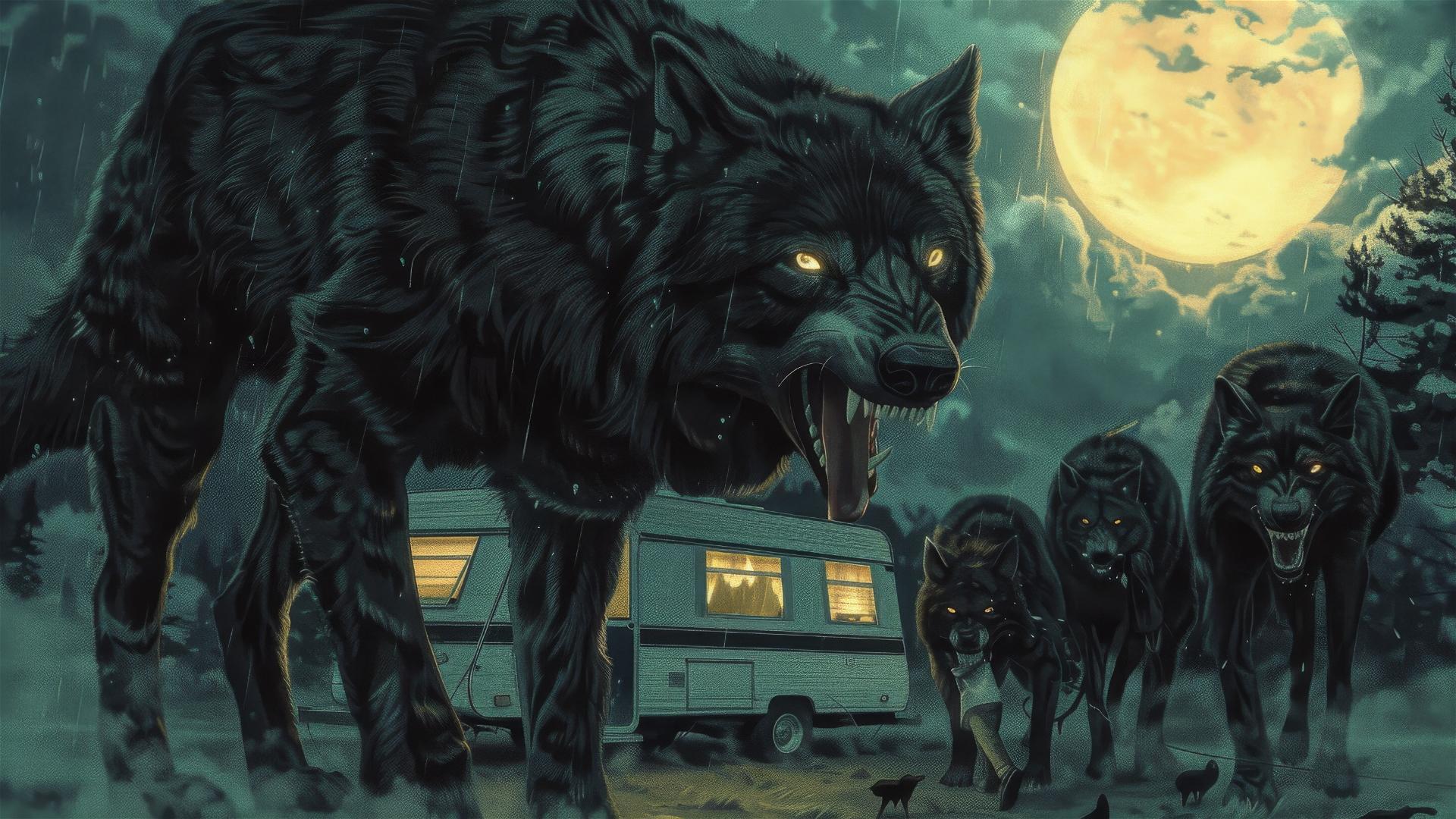 Giant black wolves attack caravan in Clowes and Beksinski style