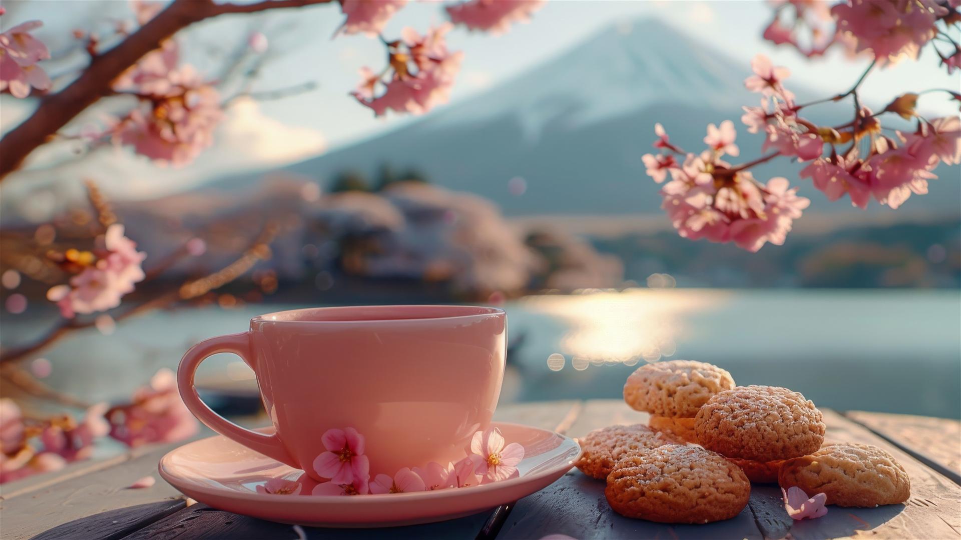 Pink coffee cup, cookies, sakura, Mount Fuji, Lake Kawaguchiko, 8K HD.