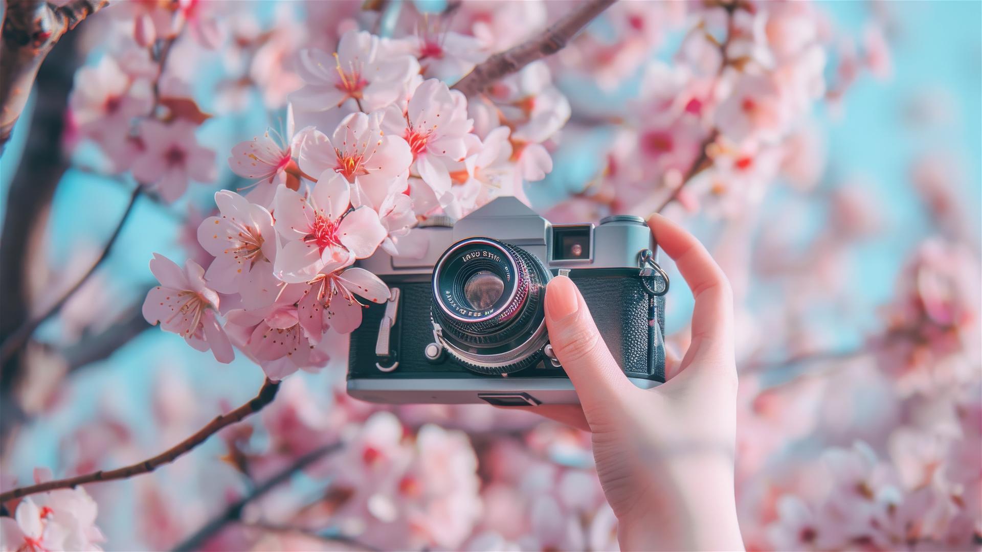 Close-up of pink blossoms and a retro camera in minimalistic Japanese style