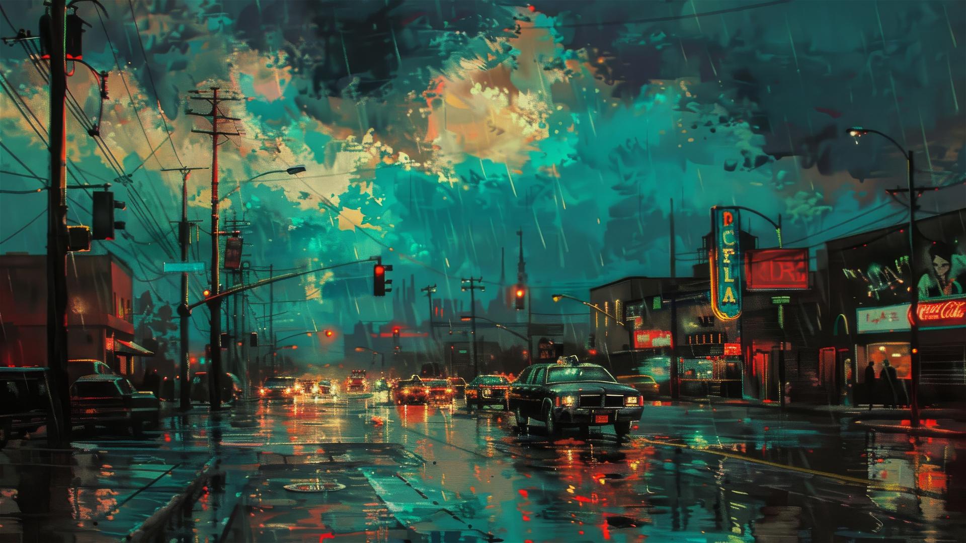 1970s city street, wet pavement, cloudy sky, vibrant colors