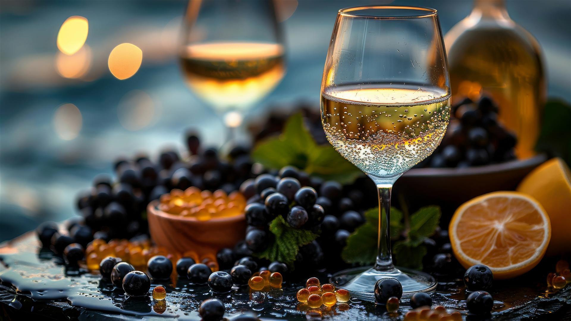 White wine and caviar against a turquoise sea backdrop