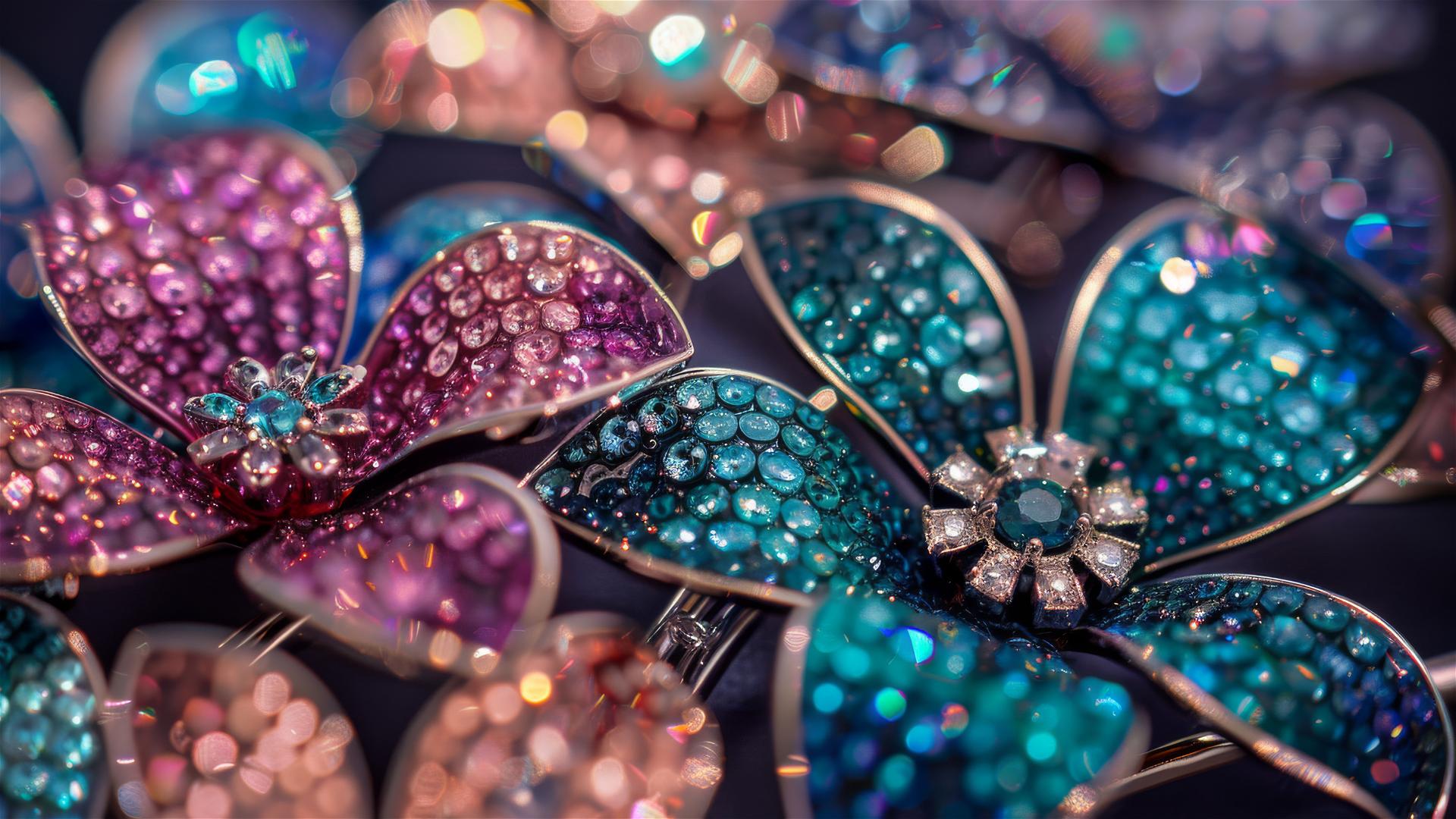 Luxury brooch with floral gemstones and diamonds on purple background