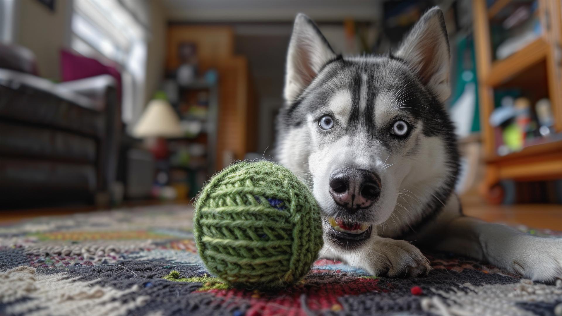 Happy husky playing with green knitting ball in natural light