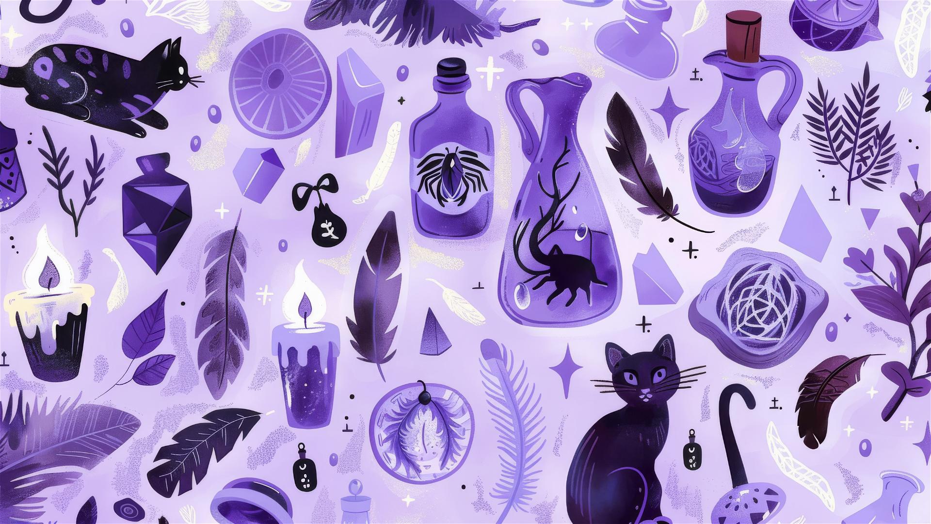 Watercolor sticker sheet with purple witchy items and lavender background.