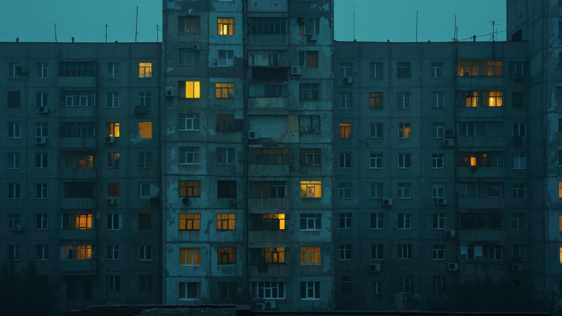 Empty Soviet brutalist city in summer, dark and melancholic