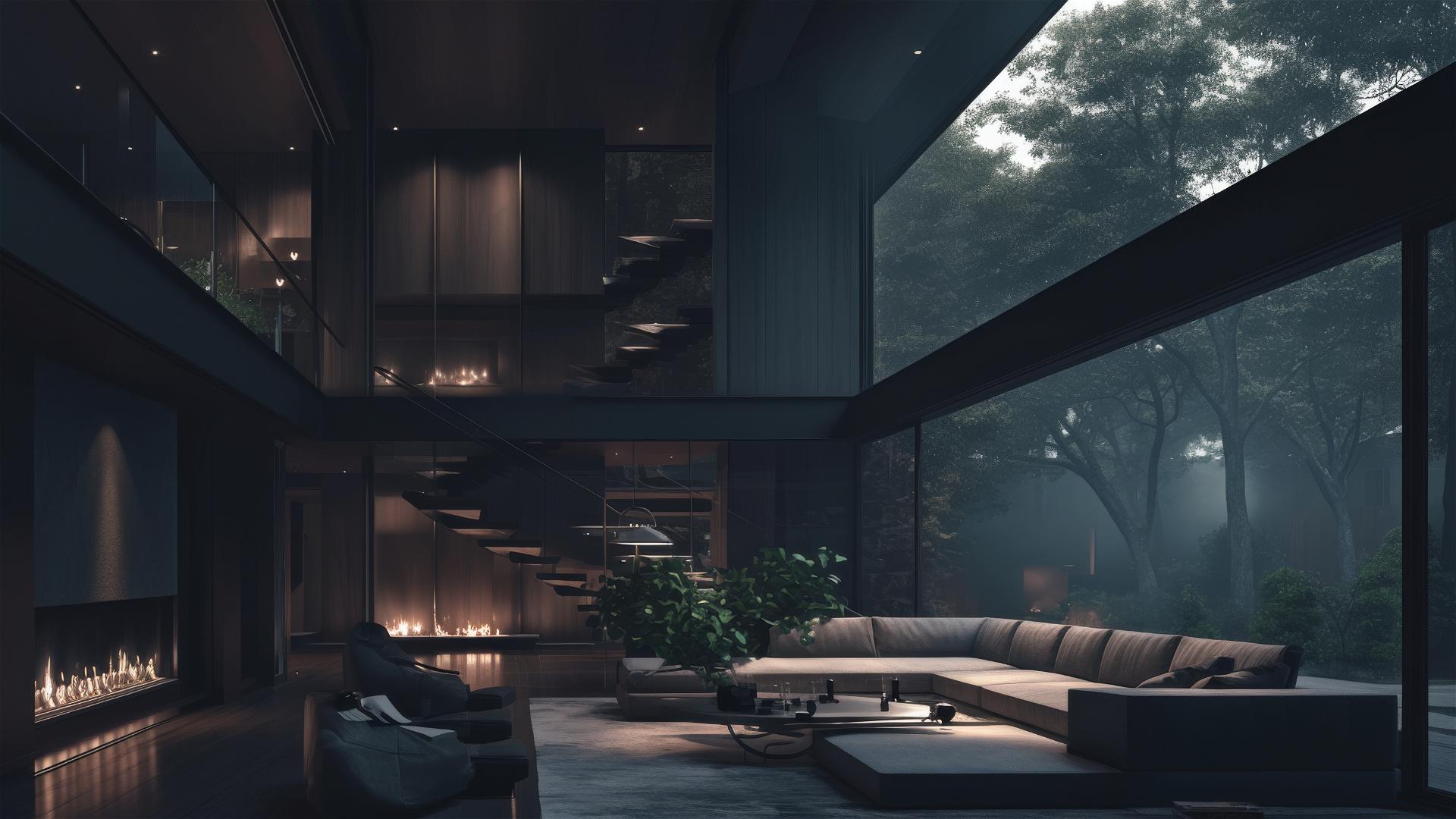 Dark matte black Scandinavian mansion interior with white lighting.