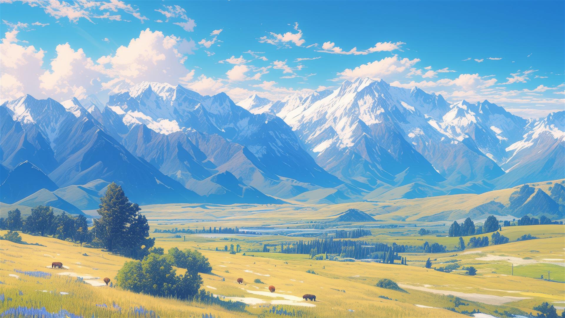 New Zealand scenery with snow mountains, pastures, and Jersey Cattle.