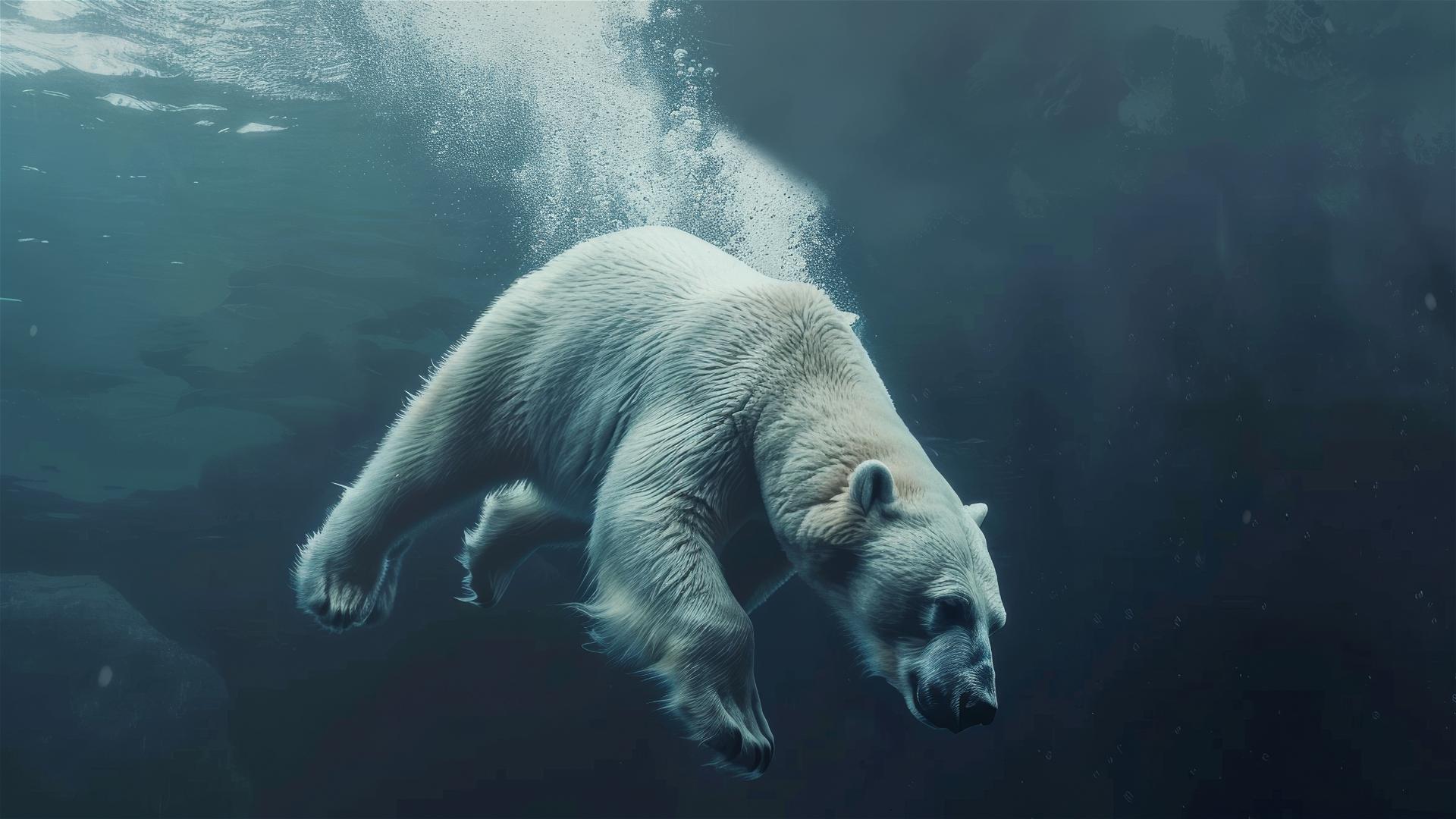 Hyper-realistic 4K image of a polar bear diving