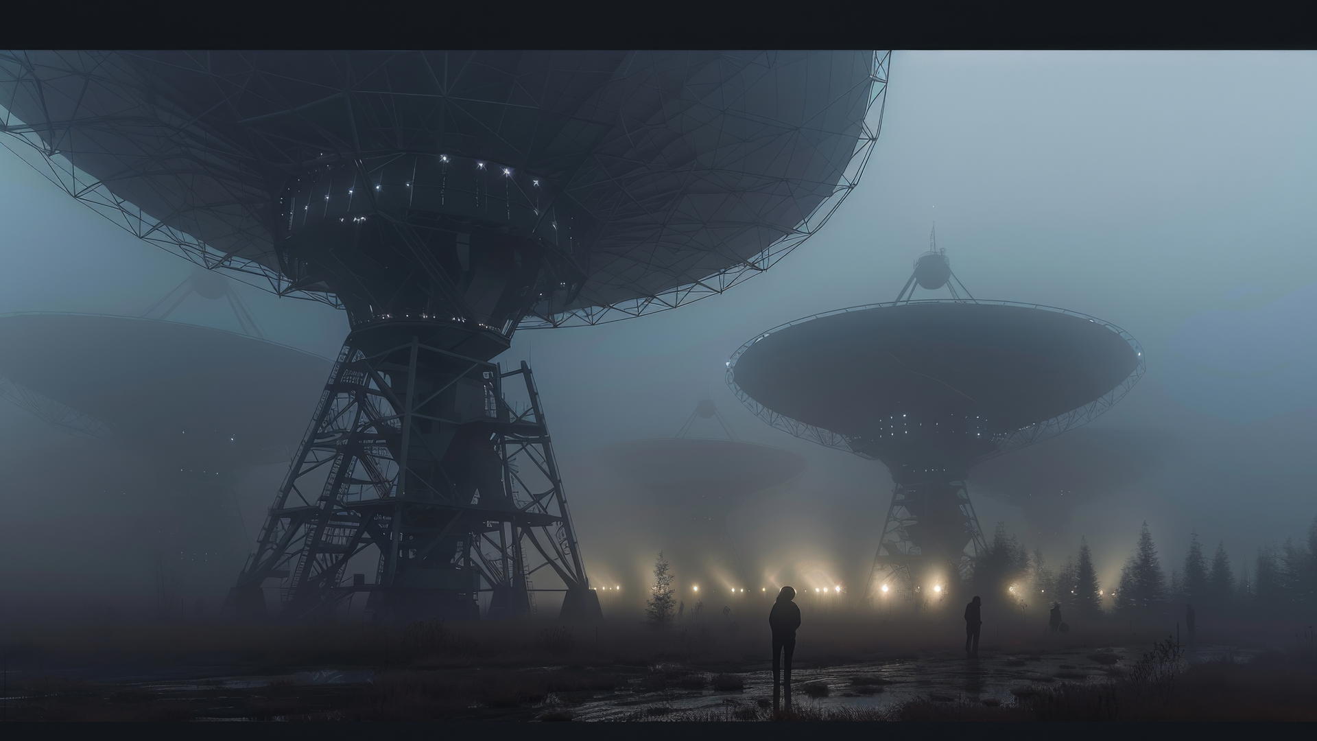 Panoramic low-angle shot of radio telescope array with figures in foggy night