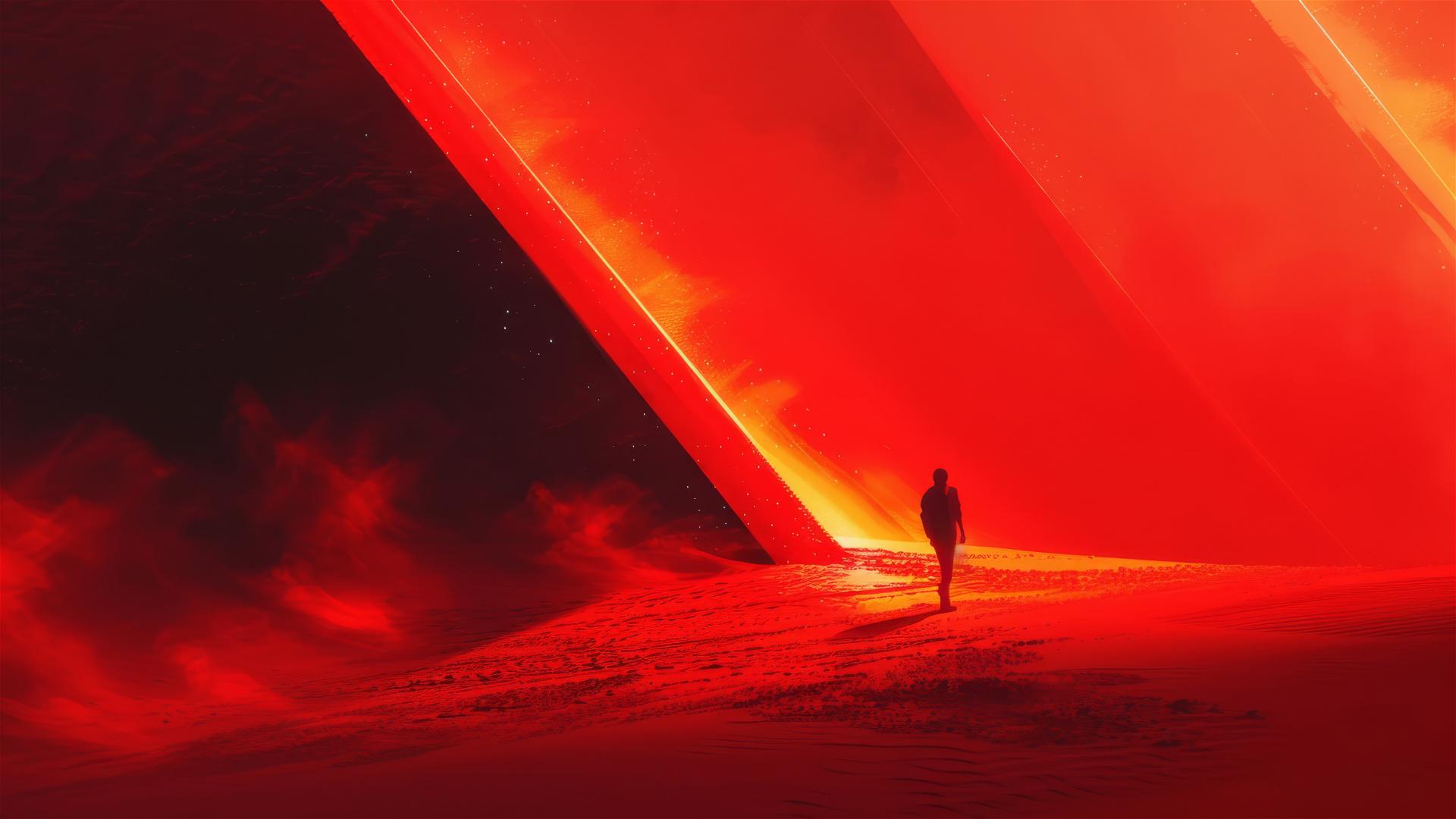 Minimalist surreal illustration of angular man in sandstorm with dynamic neon lighting