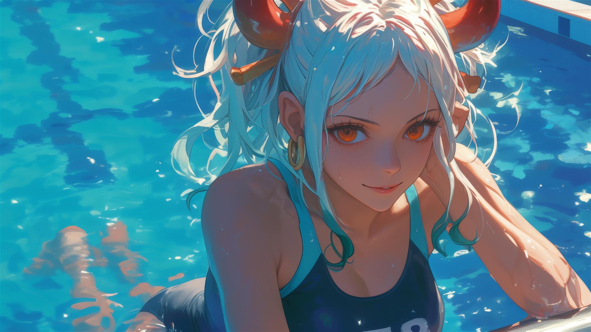 Yamato from One Piece swimming in pool under moonlight, orange eyes gleaming