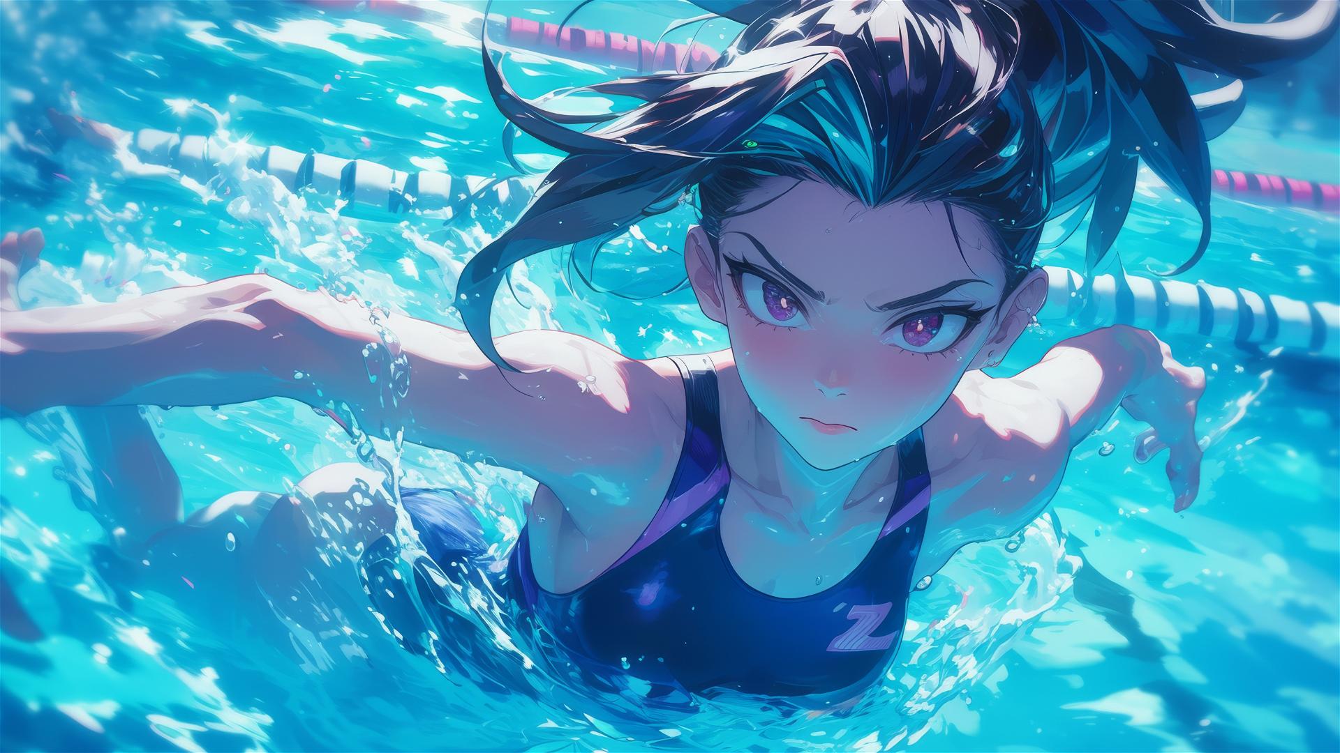 Momo Yaoyorozu swims under moonlight in a pool