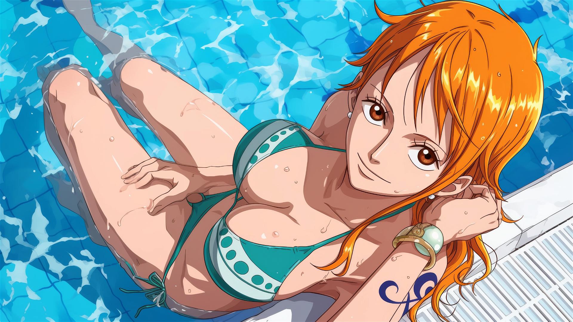 Nami from One Piece resting by the pool under moonlight