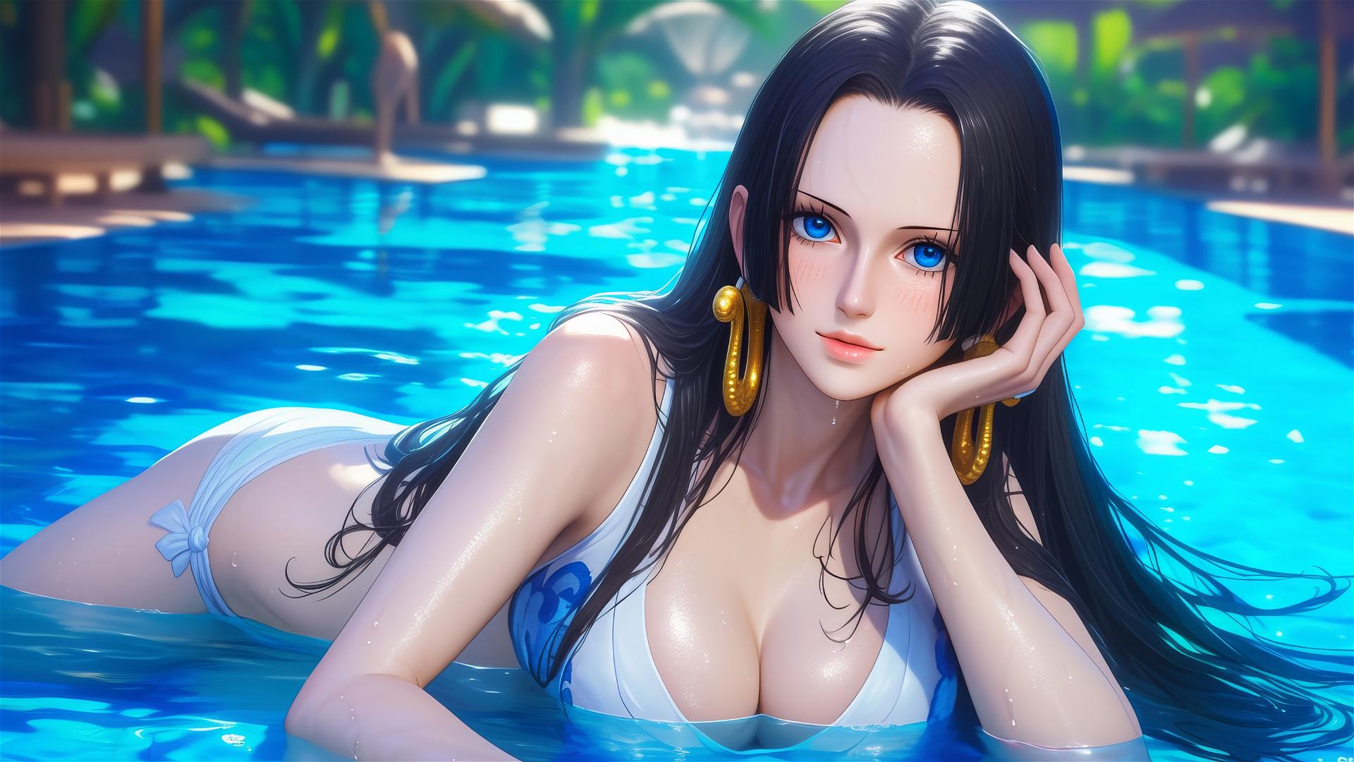 Boa Hancock resting by a pool under moonlight