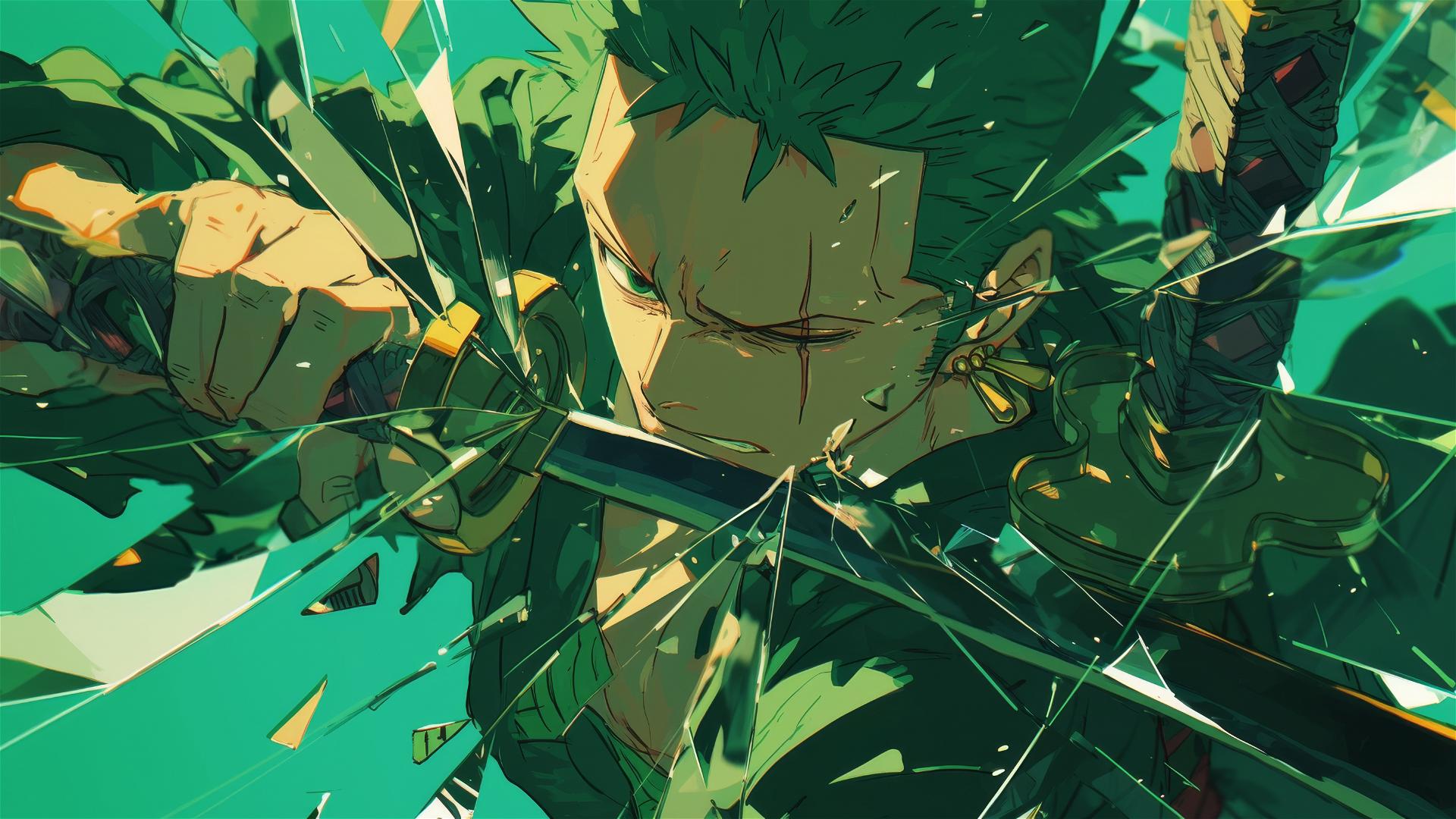Roronoa Zoro slicing through shattered glass