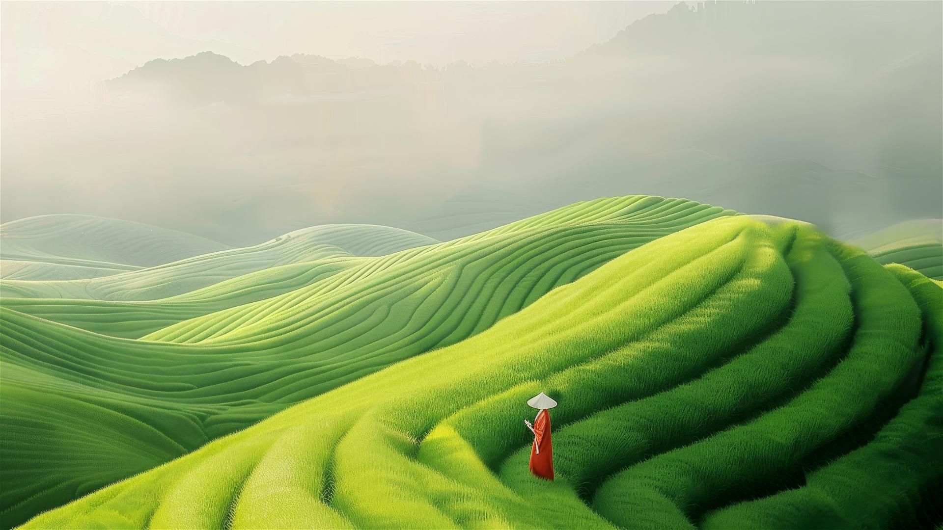Hanfu-clad woman in long undulating green grass with blurred movement
