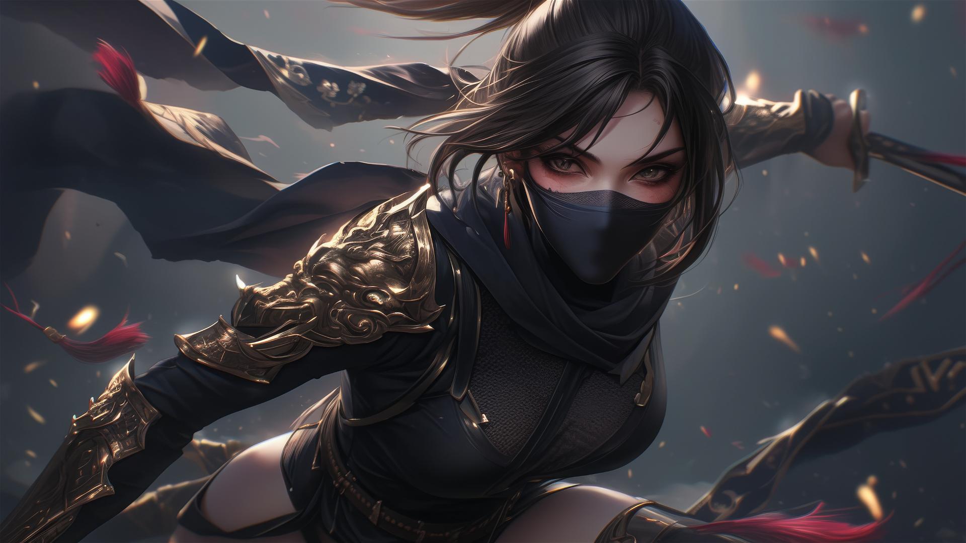 Ninja girl with short hair in dynamic pose spotlighting thighs