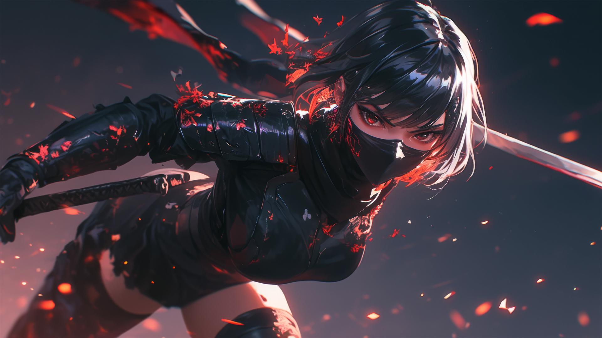 Ninja girl with mask and short hair in spotlight on dark background