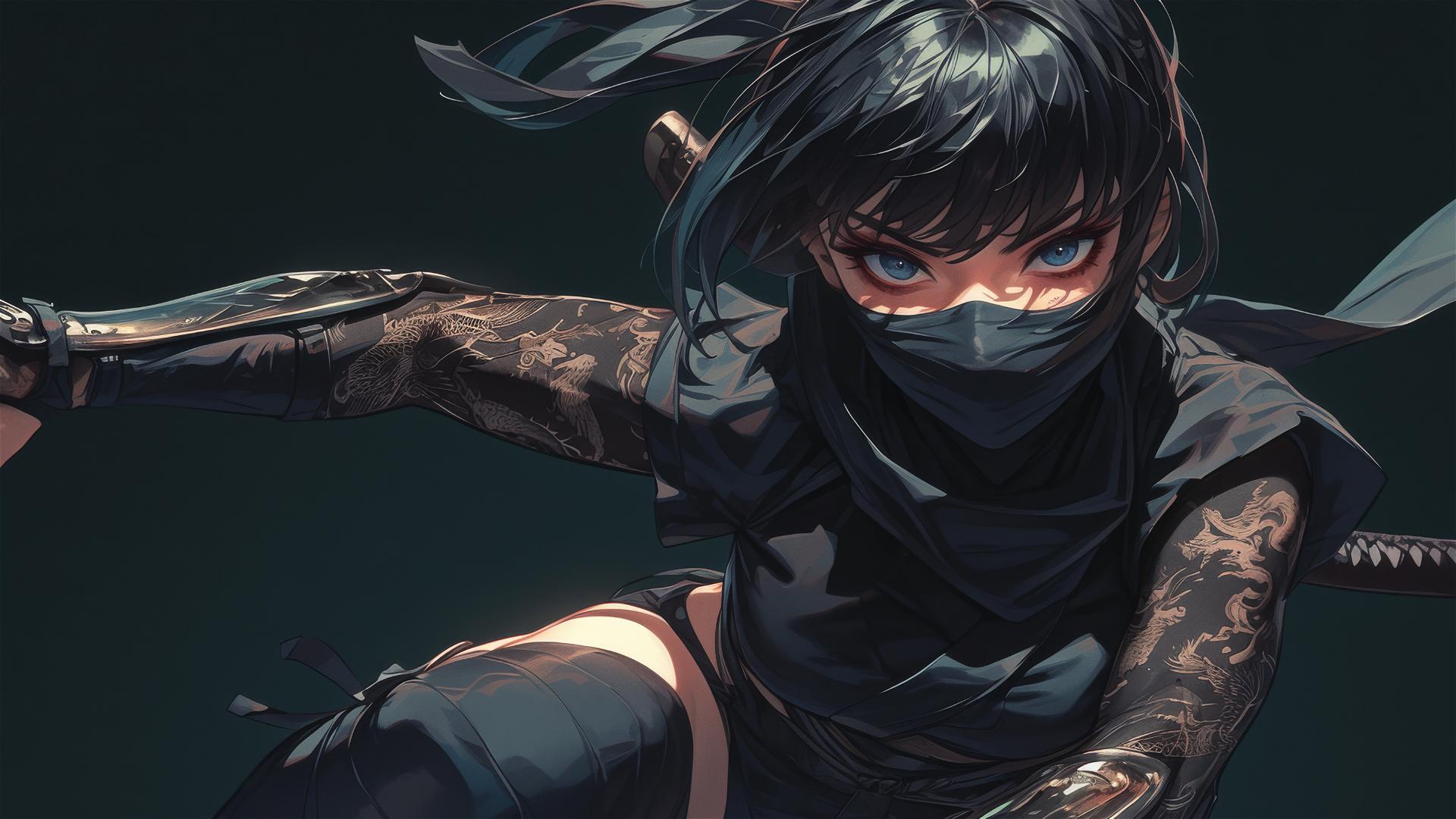 Ninja girl with short hair in dynamic pose, mask covering face, thigh focus under spotlight