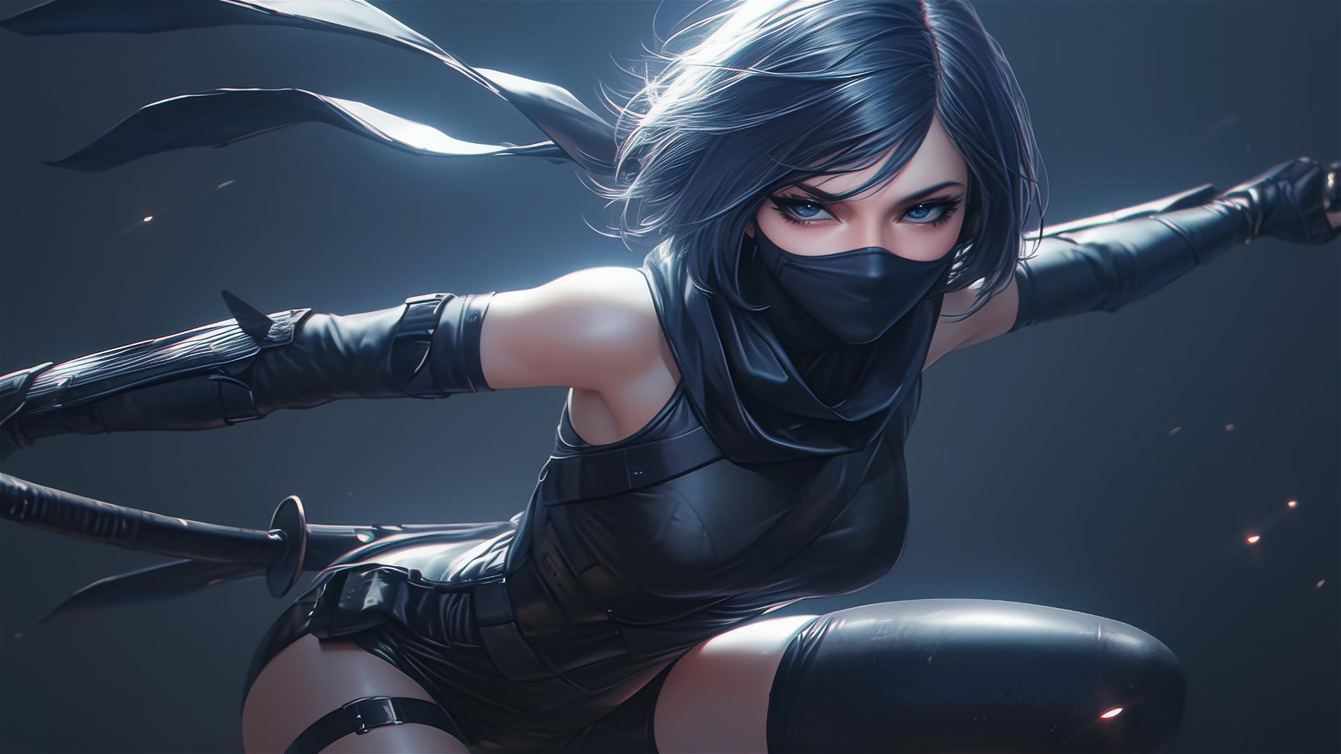 Ninja girl with a focus on her thighs and a dynamic pose against a dark background