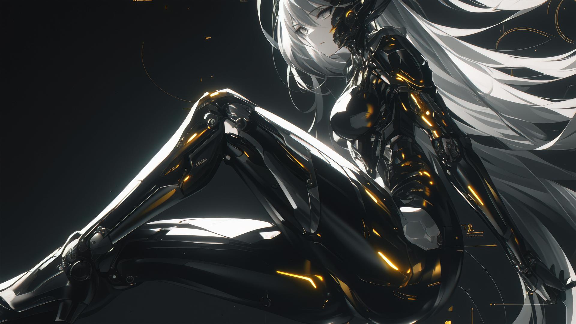 Cybernetic Agent Girl in dynamic pose with thigh focus on dark background