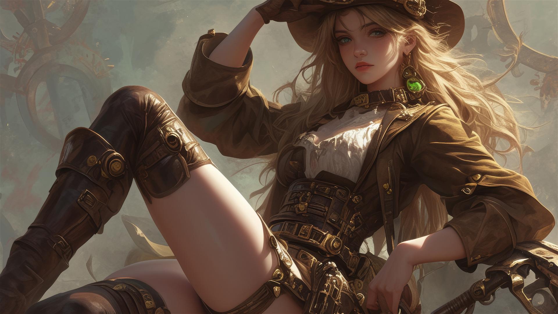 Steampunk Adventurer Girl in spotlight with thigh focus on dark background