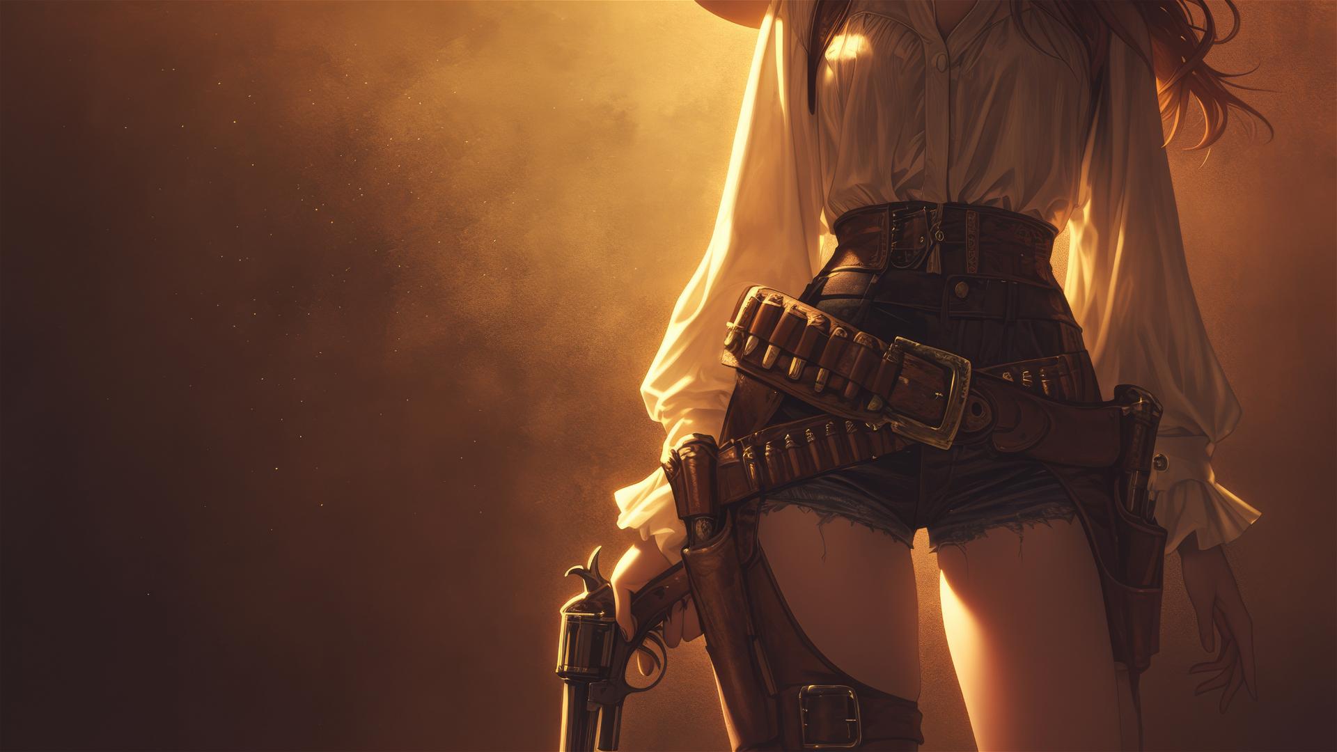 Wild West Gunslinger Girl with focus on thighs, dark background, spotlight effect