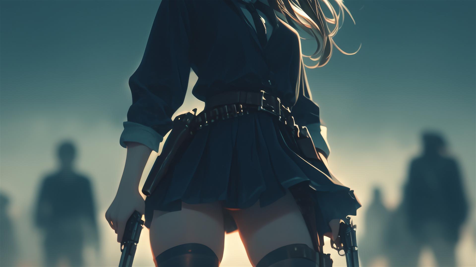 Wild West Gunslinger Girl in spotlight with thigh focus on dark background