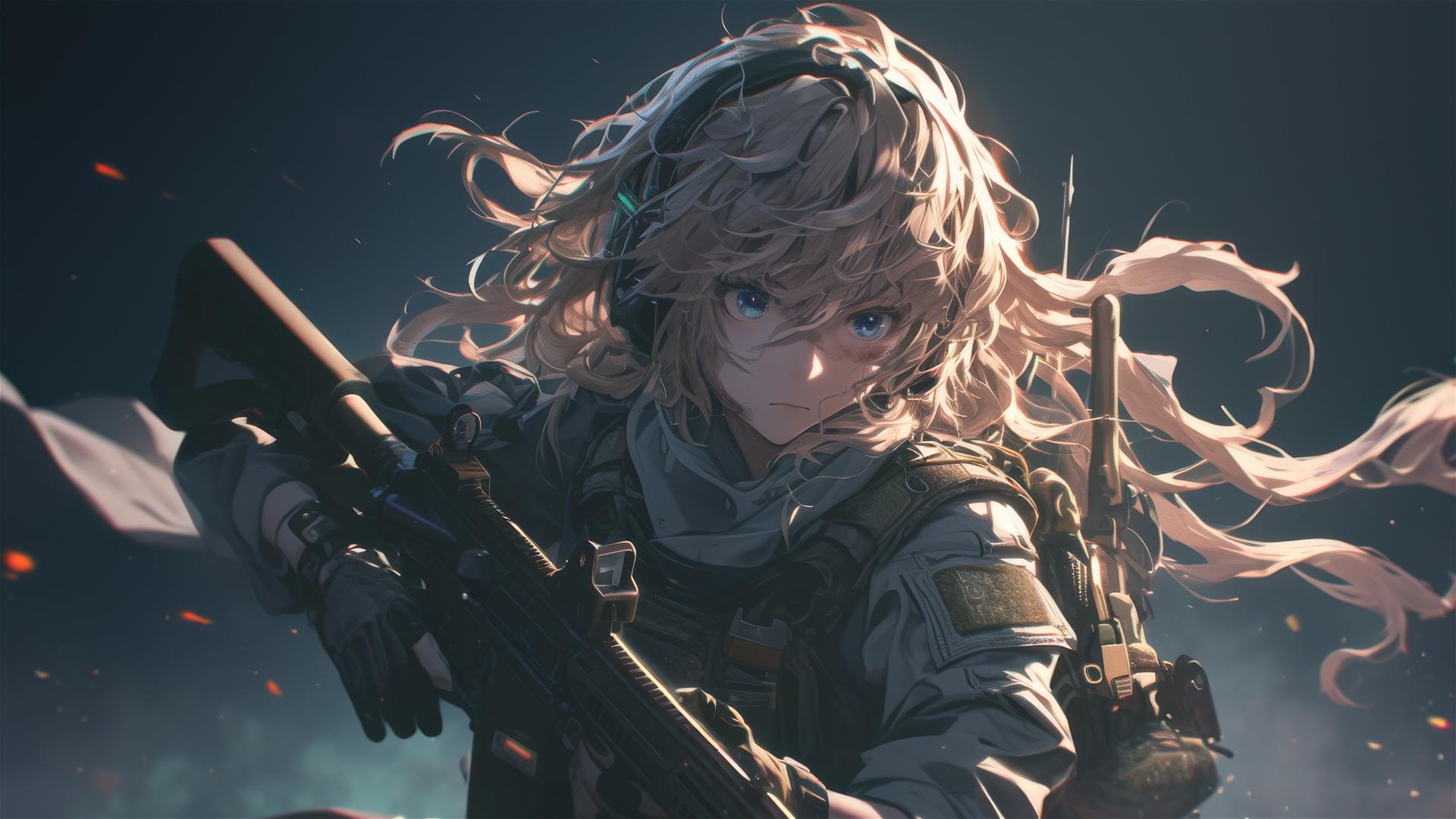 Tactical school girl highlighted in spotlight with dark background