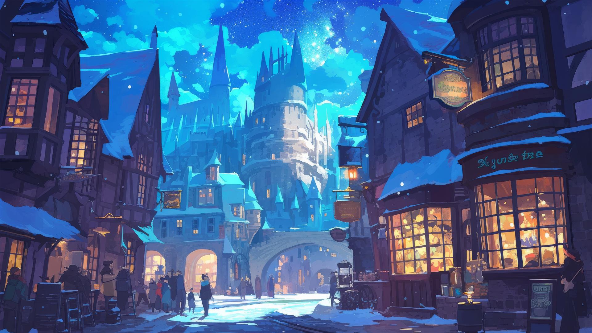 Ghibli-style illustration of Diagon Alley at night with stars
