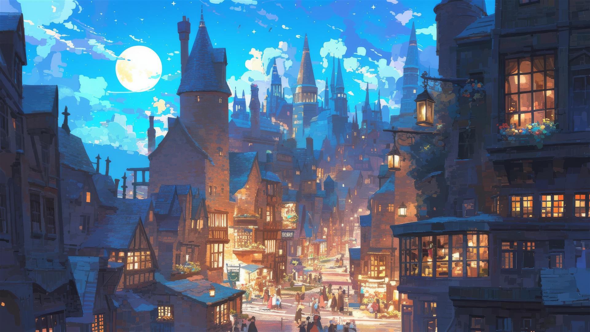 Ghibli-inspired Diagon Alley scene at deep night with stars