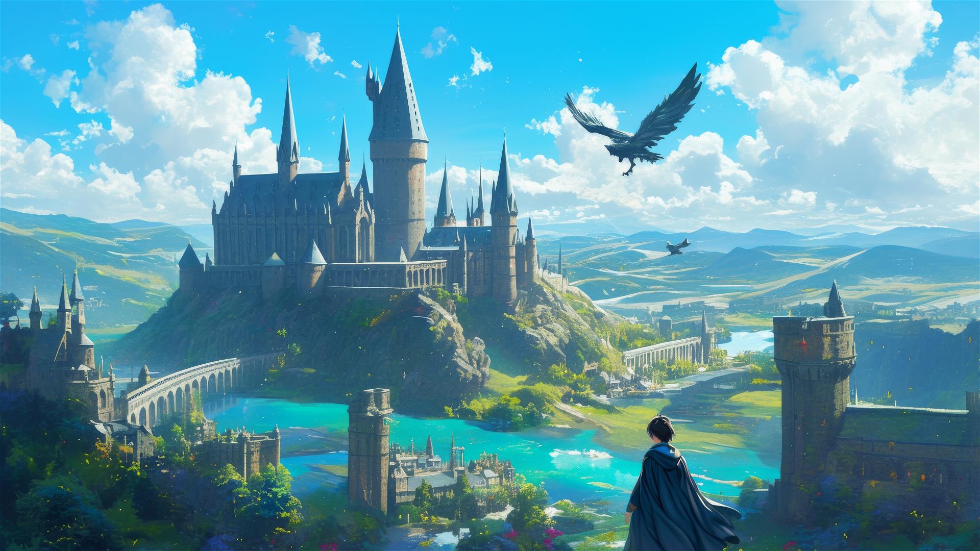 Ghibli-inspired Hogwarts aerial view illustration