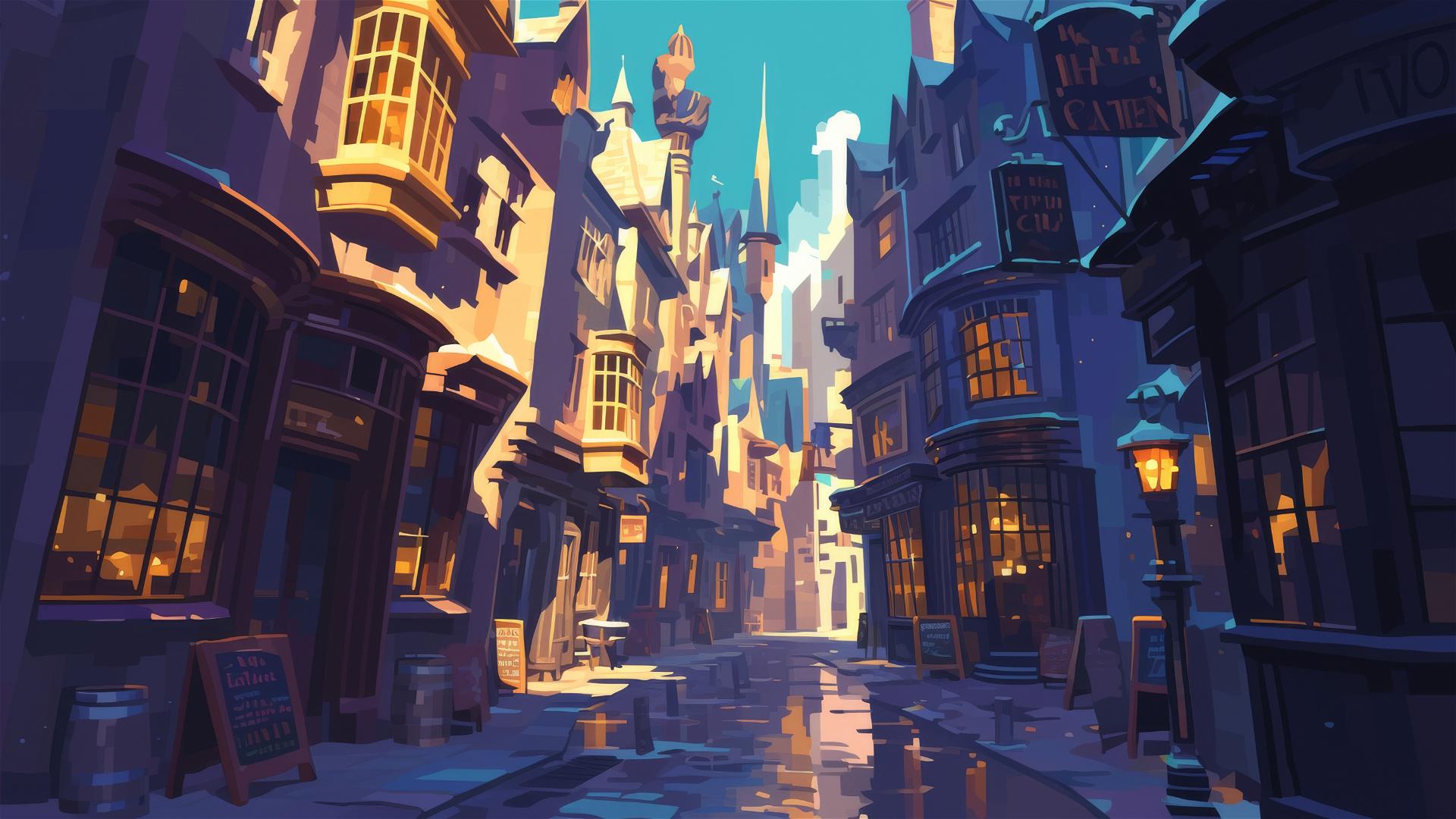 Diagon Alley illustration from Harry Potter, empty and quiet