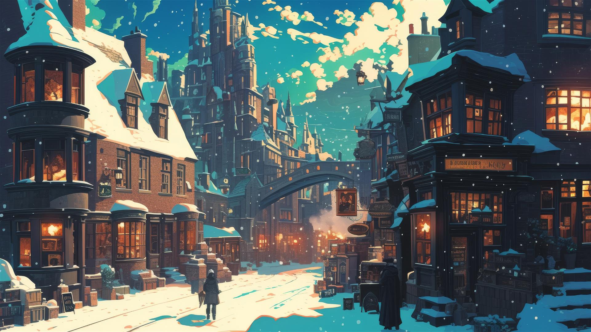 Artistic illustration of Diagon Alley from Harry Potter