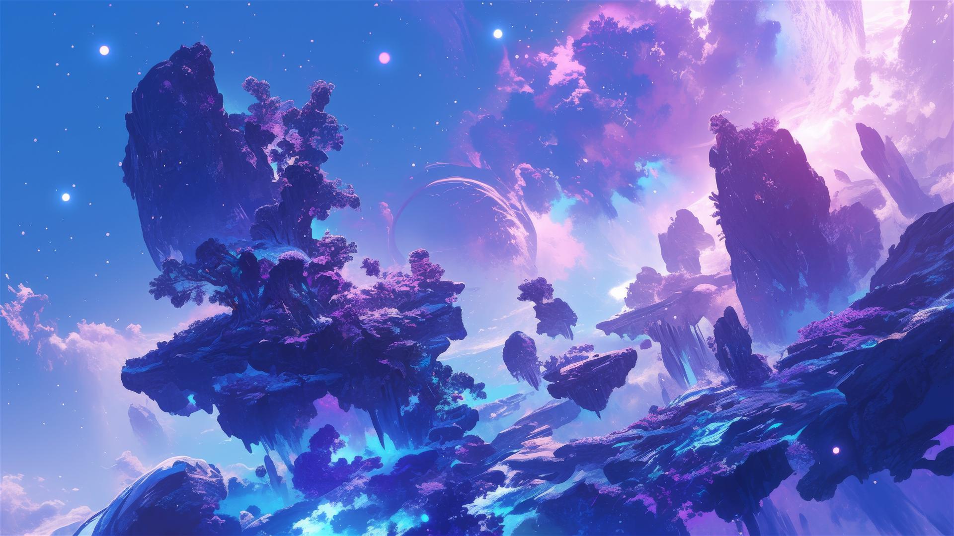 Surreal purple and blue nebula with floating rocks and alien flora